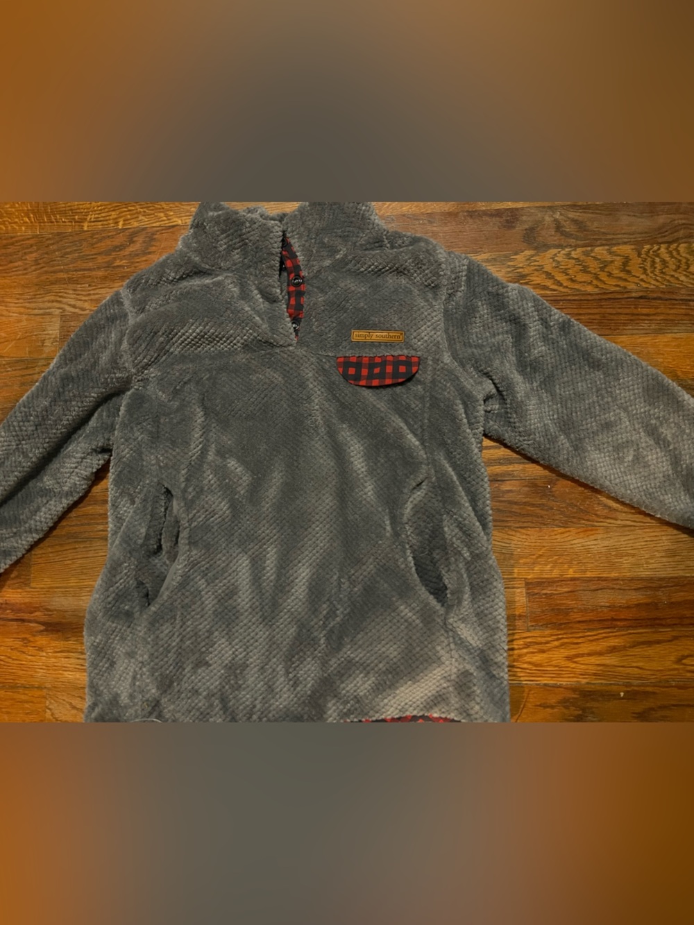Simply Southern Gray Plush Pullover with Red Plaid Accent